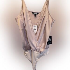 💗 Express ~ Lt Pink Satin Pleated Faux Wrap Cami Bodysuit NEW women’s SMALL